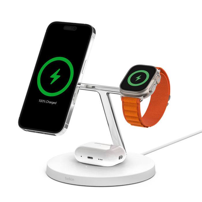 Belkin 3-in-1 Wireless Charging Stand with MagSafe - 15W Fast Charging for iPhone, Apple Watch & AirPods - White - Perfect for Home, Office & Travel