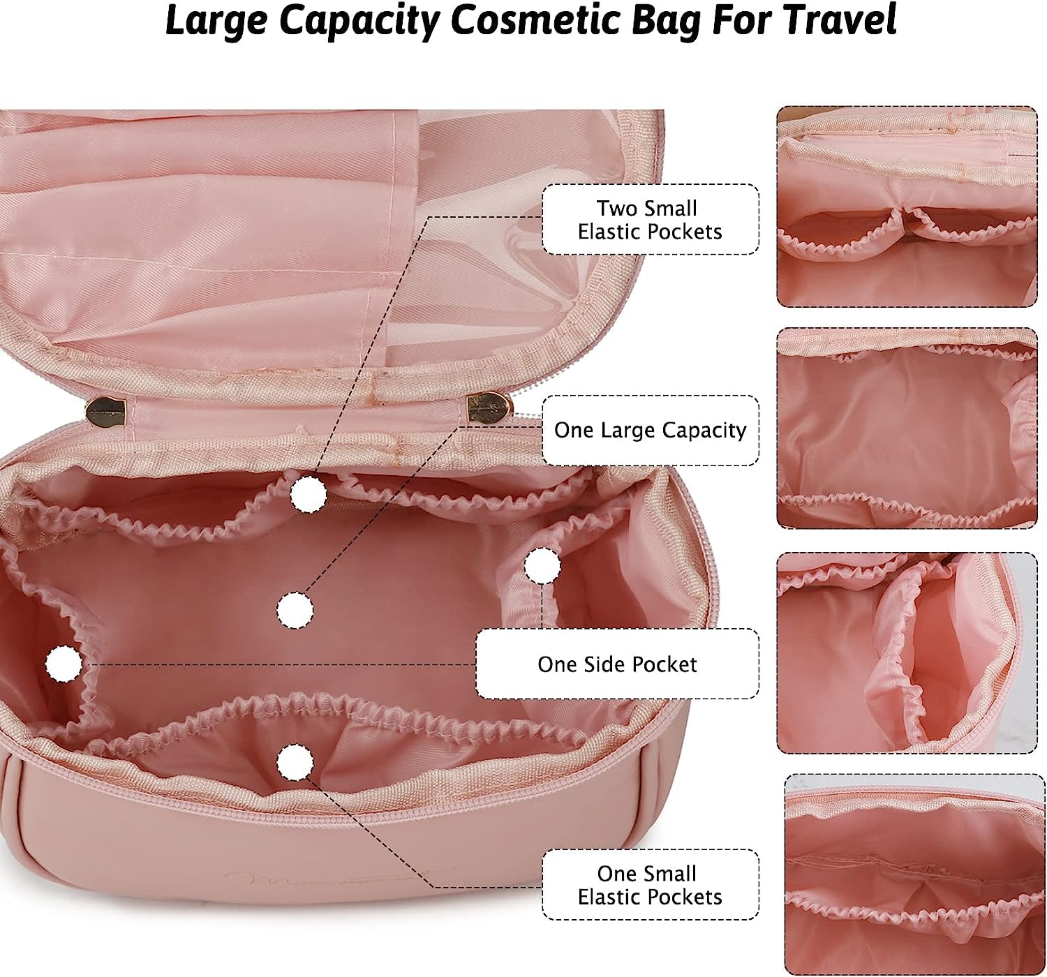 Jukkre Large Capacity Cosmetic Travel Bag for Women - Leather Makeup Organizer with Handle & Divider, Wide Opening Portable Toiletry Bag (Pink) - Perfect for Travel, Gym & Daily Makeup Storage