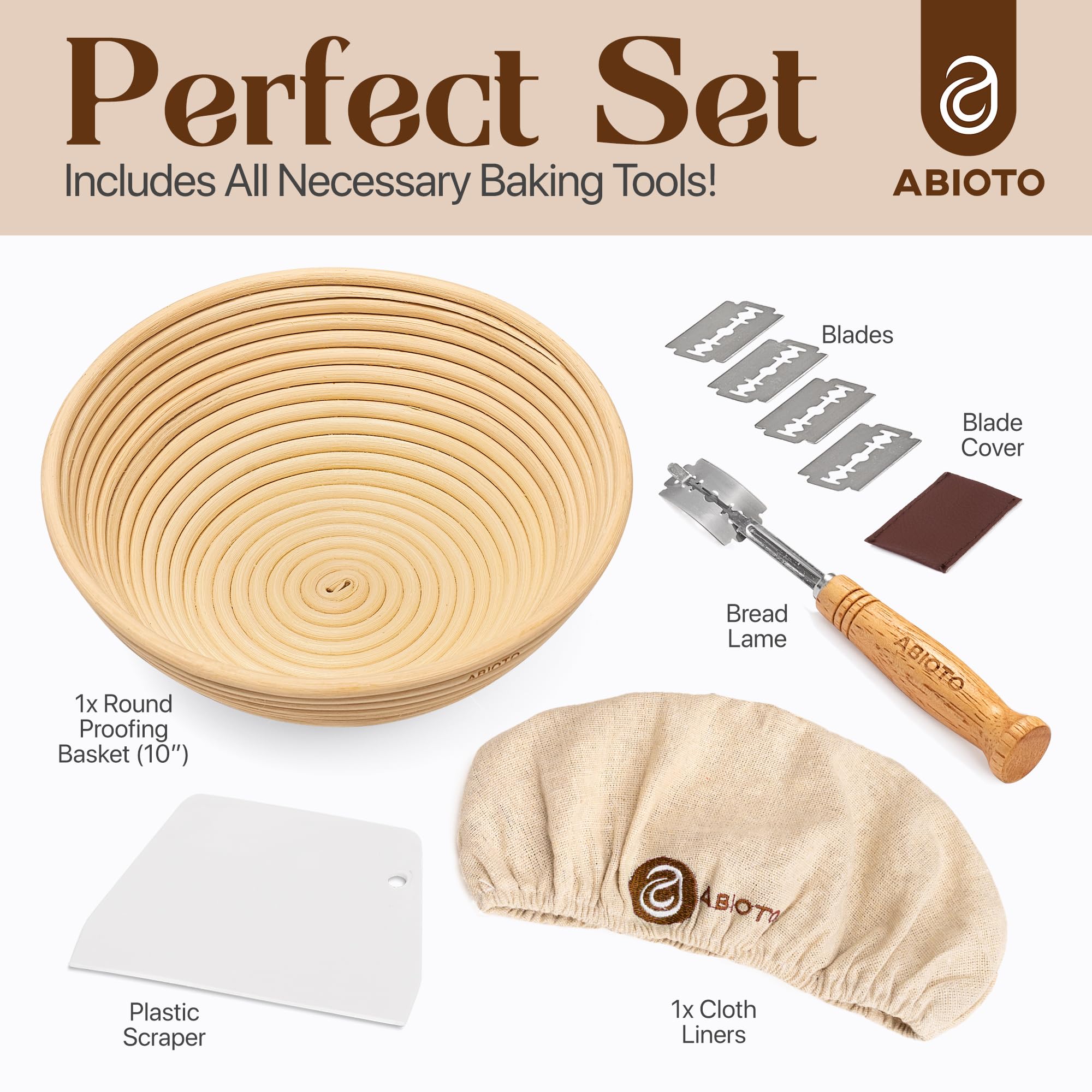 10-Inch Banneton Bread Proofing Basket Set with Lame, Dough Scraper & Linen Liner - Odor-Free Rattan Brotform for Sourdough, Artisan Bread Baking - Perfect for Home Bakers & Professional Bakeries