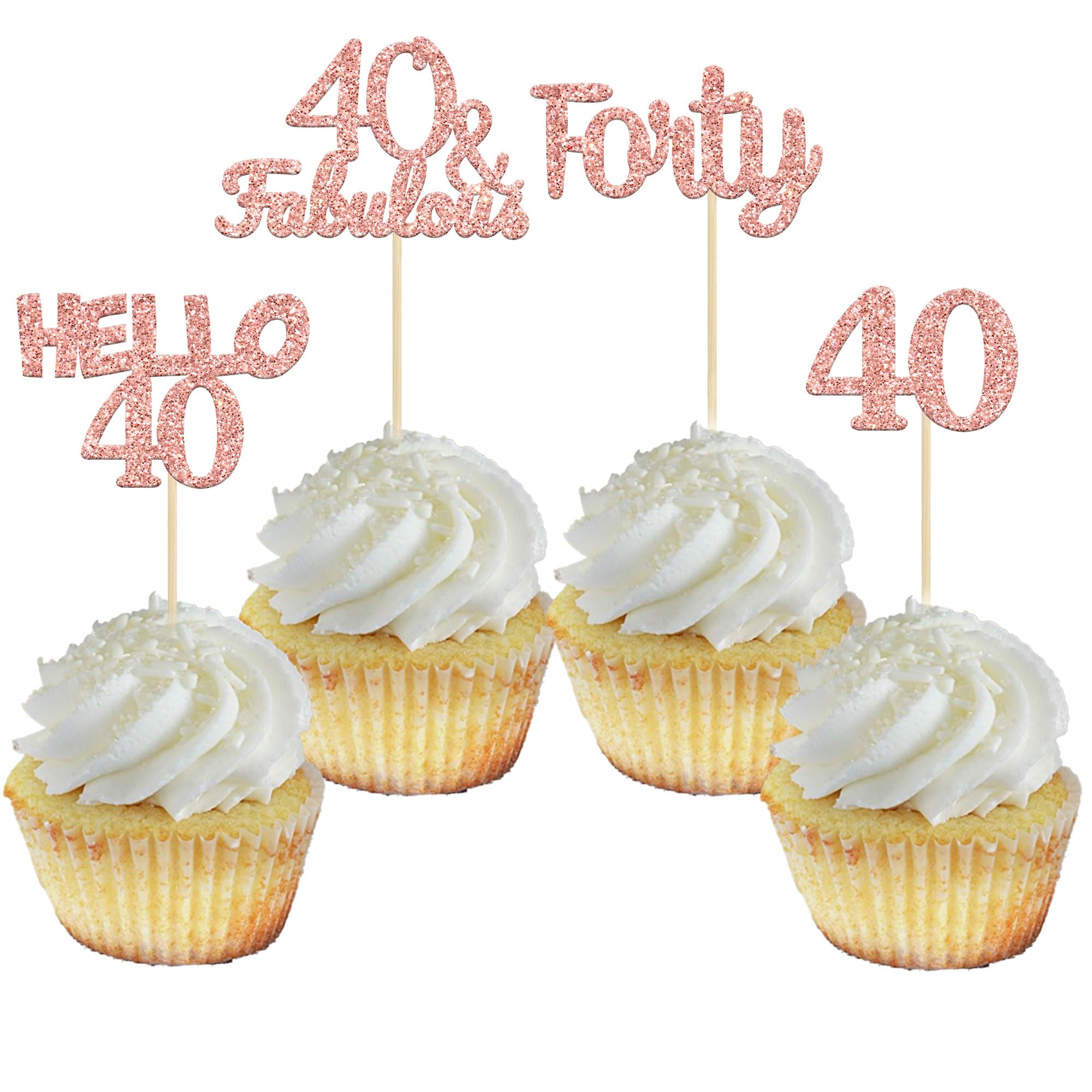 24 Pack Glitter 40th Birthday Cupcake Toppers - Hello 40 Forty Cake Decorations, 40 & Fabulous Rose Gold Cupcake Picks for Women's 40th Birthday Party, Anniversary, Retirement Celebration - Perfect for Cake, Cupcake, Dessert Decorating Supplies