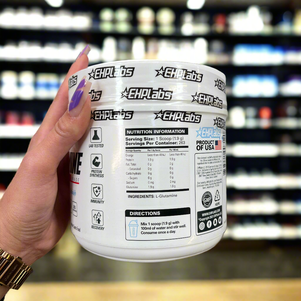EHP Labs Glutamine Powder 500g - Unflavored Amino Acid Supplement for Muscle Recovery & Immune Support - 100 Servings for Athletes, Bodybuilders & Fitness Enthusiasts