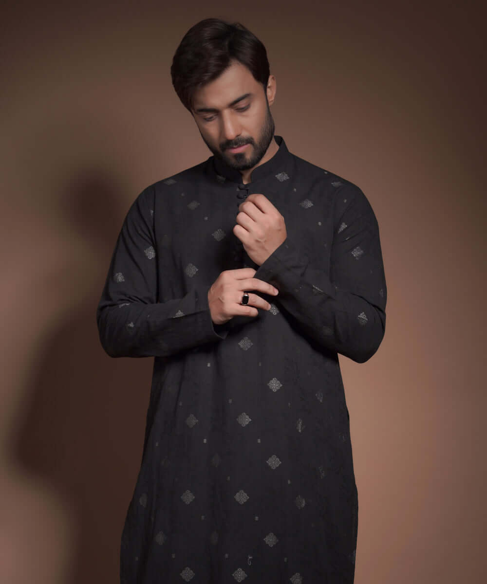 Stylish Jet Black Cotton Jacquard Kurta for Men - Comfortable & Breathable Traditional Indian Tunic for Festivals, Weddings & Casual Wear