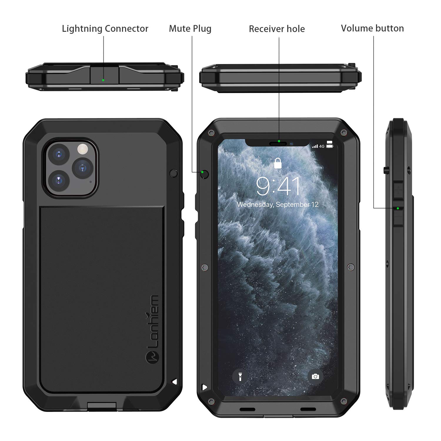 Lanhiem Heavy Duty Shockproof iPhone 11 Pro Max Case - Tough Armor Metal Cover with Built-in Screen Protector | 360° Full Body Protection, Dust Proof Design (Black) | Perfect for Outdoor Activities, Travel & Extreme Sports