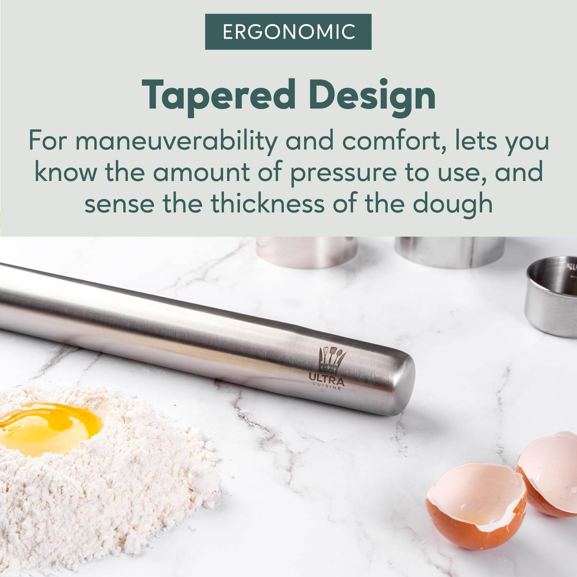 Professional Stainless Steel Rolling Pin - Ultra Smooth Surface & Tapered Design for Chocolate, Pie Crust, Cookies & Pastry - Perfect for Home Baking & Professional Kitchens