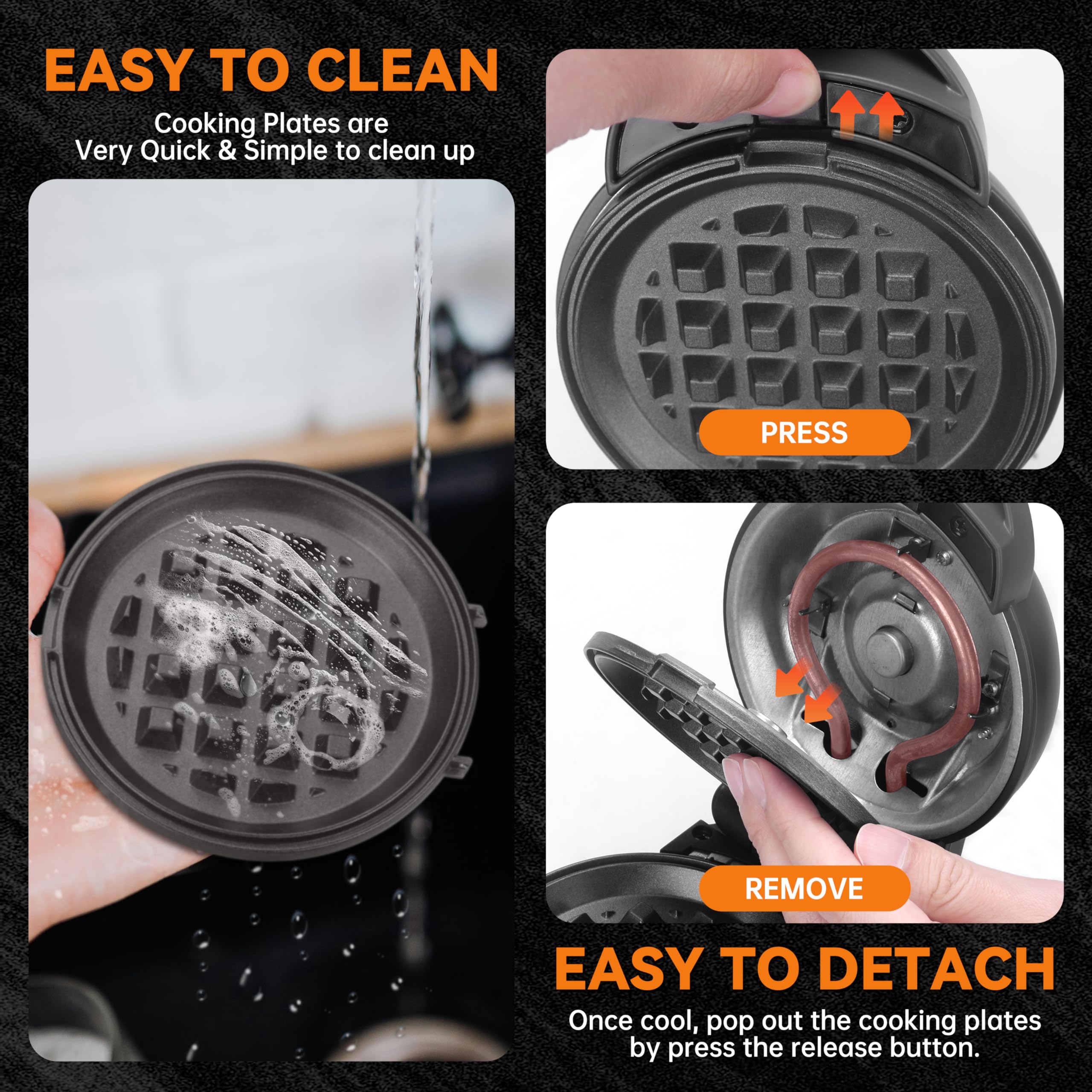 4-in-1 Mini Waffle Maker Set with Removable Plates - Pancake, Donut & Heart Waffle Maker | Compact Breakfast Appliance for Home, Dorm & Office | Includes Recipe Book | Graphite Design