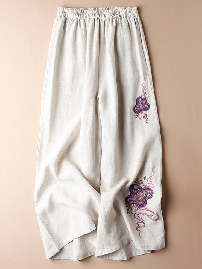 Lovevop Women's Cotton High Waisted Embroidered Wide Leg Pants - Comfortable & Stylish Casual Lounge Pants for Yoga, Travel & Everyday Wear