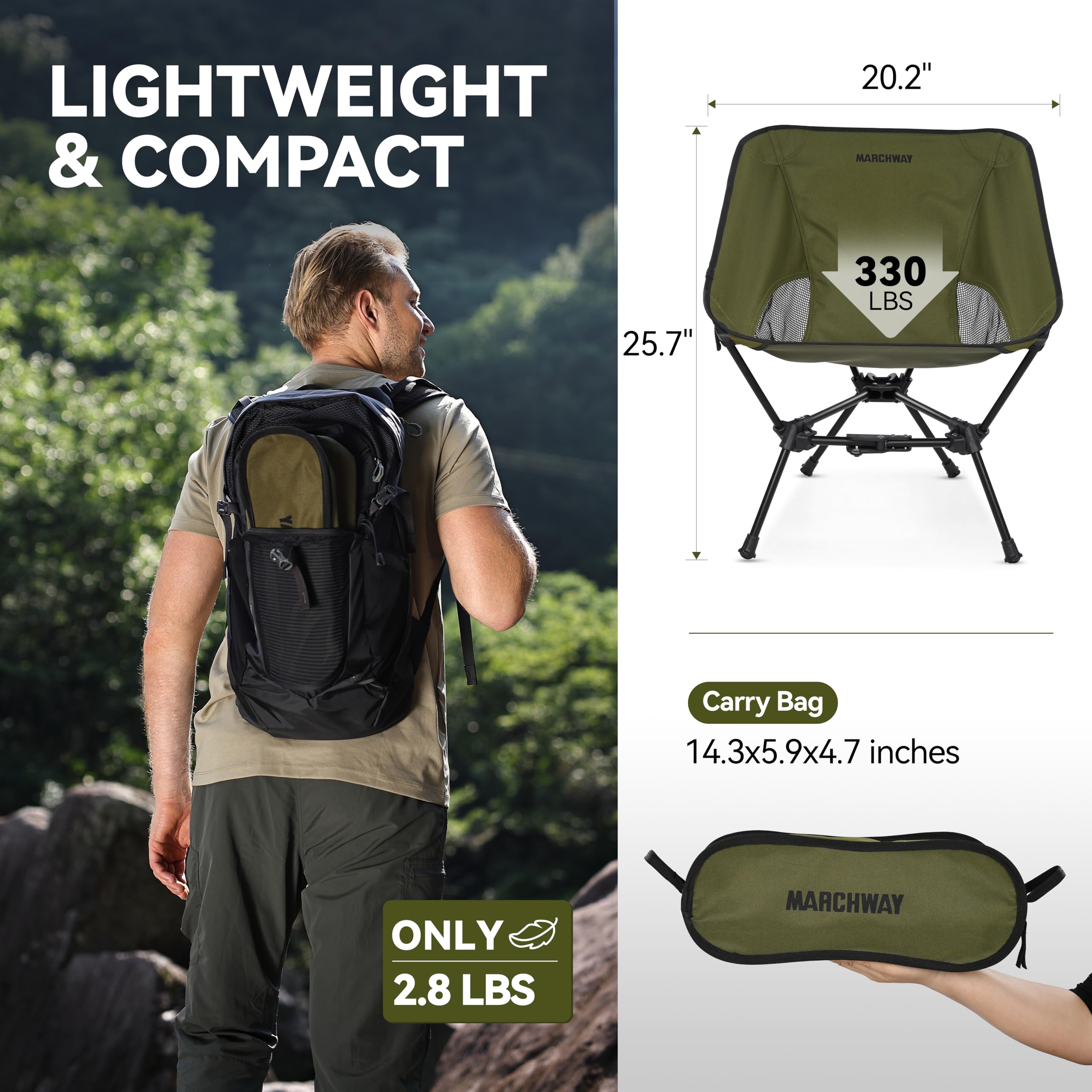 Lightweight Folding Camping Chair with Spring Lock - Compact & Stable Portable Outdoor Chair for Camping, Travel, Beach, Picnic, Festival, Hiking - Perfect for Backpacking & Outdoor Adventures (Low Back Green)