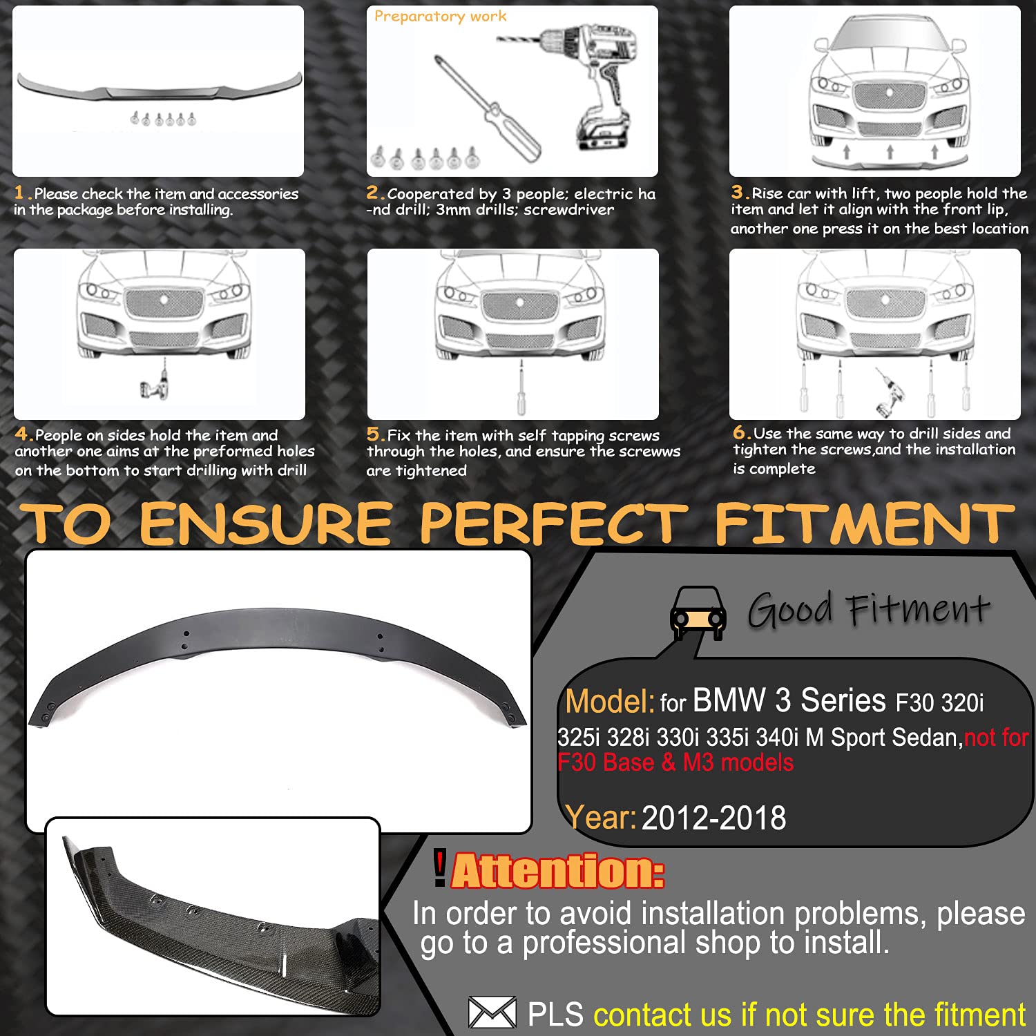MCARCAR Carbon Fiber Front Lip Spoiler for BMW 3 Series F30 (2012-2018) - Compatible with 320i 325i 328i 330i 335i 340i M Sport Sedan | M-Tech Style Bumper Splitter & Protector in Glossy Black Carbon Fiber | Enhances Aerodynamics & Sporty Look for Street Racing & Car Shows