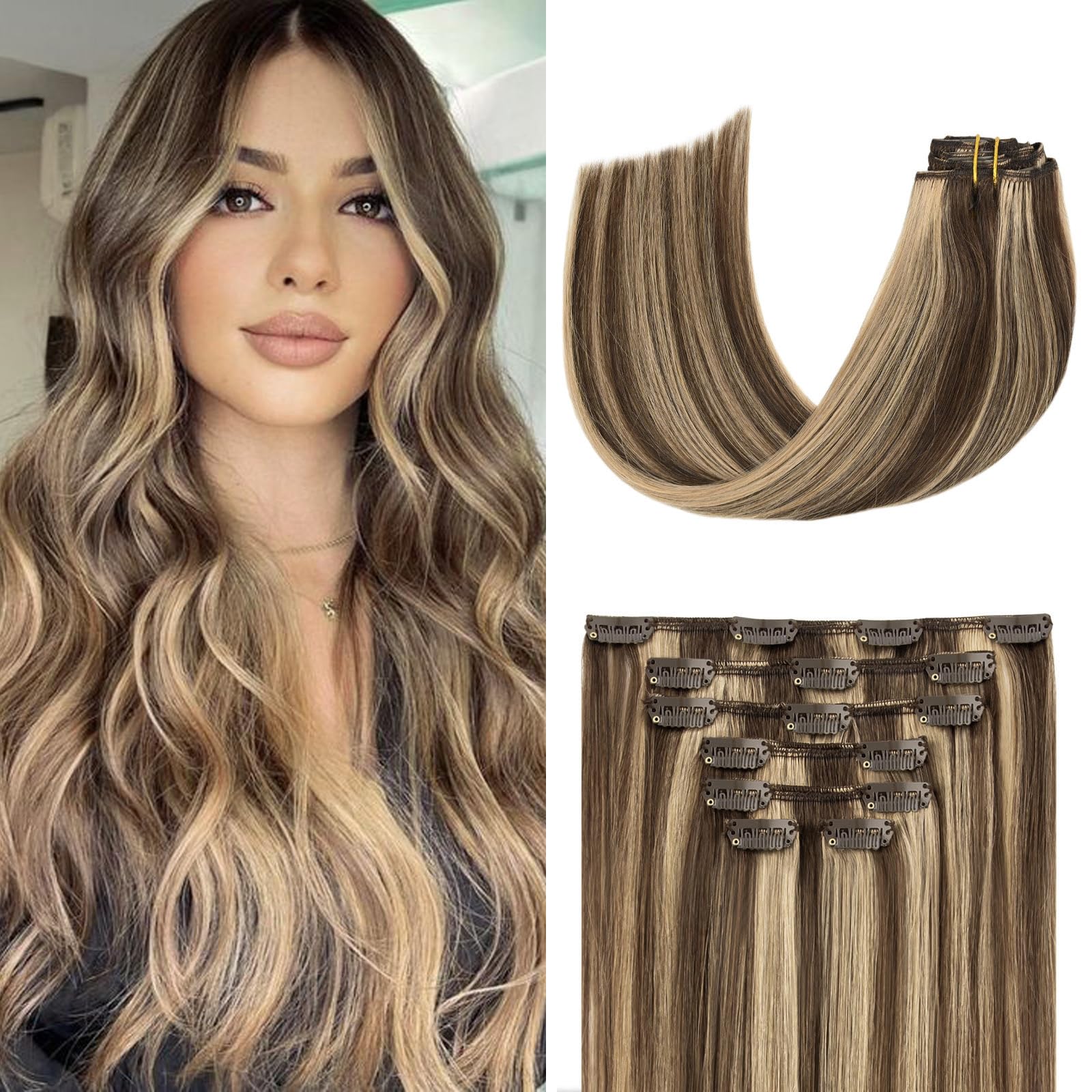Clip in Hair Extensions 22 Inch - 100% Remy Human Hair, Soft & Silky Straight, Medium Brown/Dark Blonde, 7pcs with 16 Clips - Perfect for Daily Styling, Parties & Special Occasions