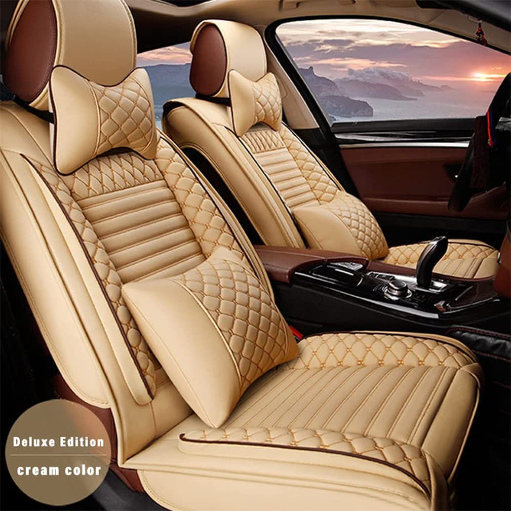 All-Weather PU Car Seat Covers for Cadillac XTS 2013-2019 - Front & Rear Anti-Slip Protectors with Luxury Pillow (Beige) | Perfect for Daily Commute & Road Trips