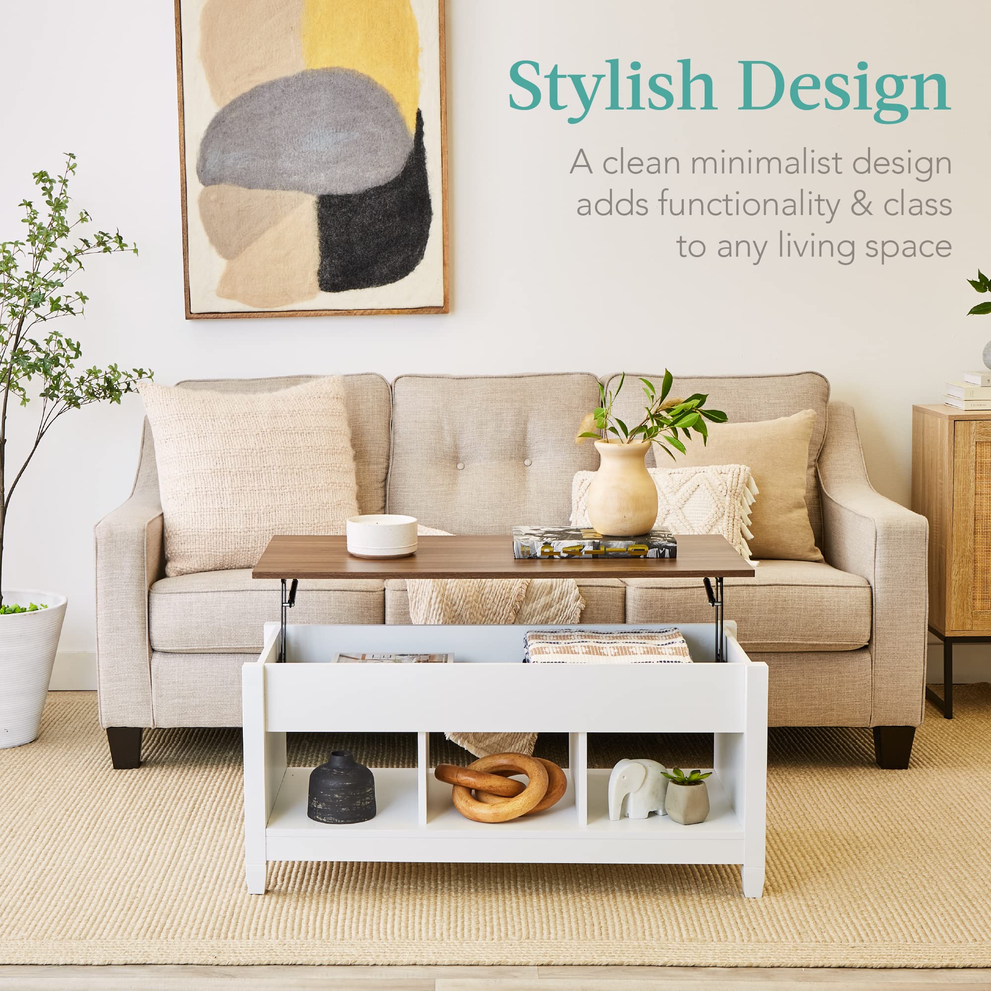 Best Lift Top Coffee Table with Hidden Storage - Solid Wood Dining & Accent Table for Living Room, Display Shelves - White/Brown - Perfect for Small Spaces & Home Organization