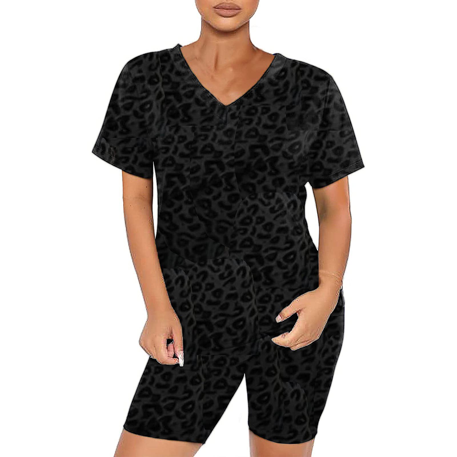 Women's 2-Piece Outfit Set - V-Neck Short Sleeve T-Shirt & Biker Shorts Casual Tracksuit | Spring Summer 2022 Fashion | Perfect for Gym, Yoga, Running & Streetwear