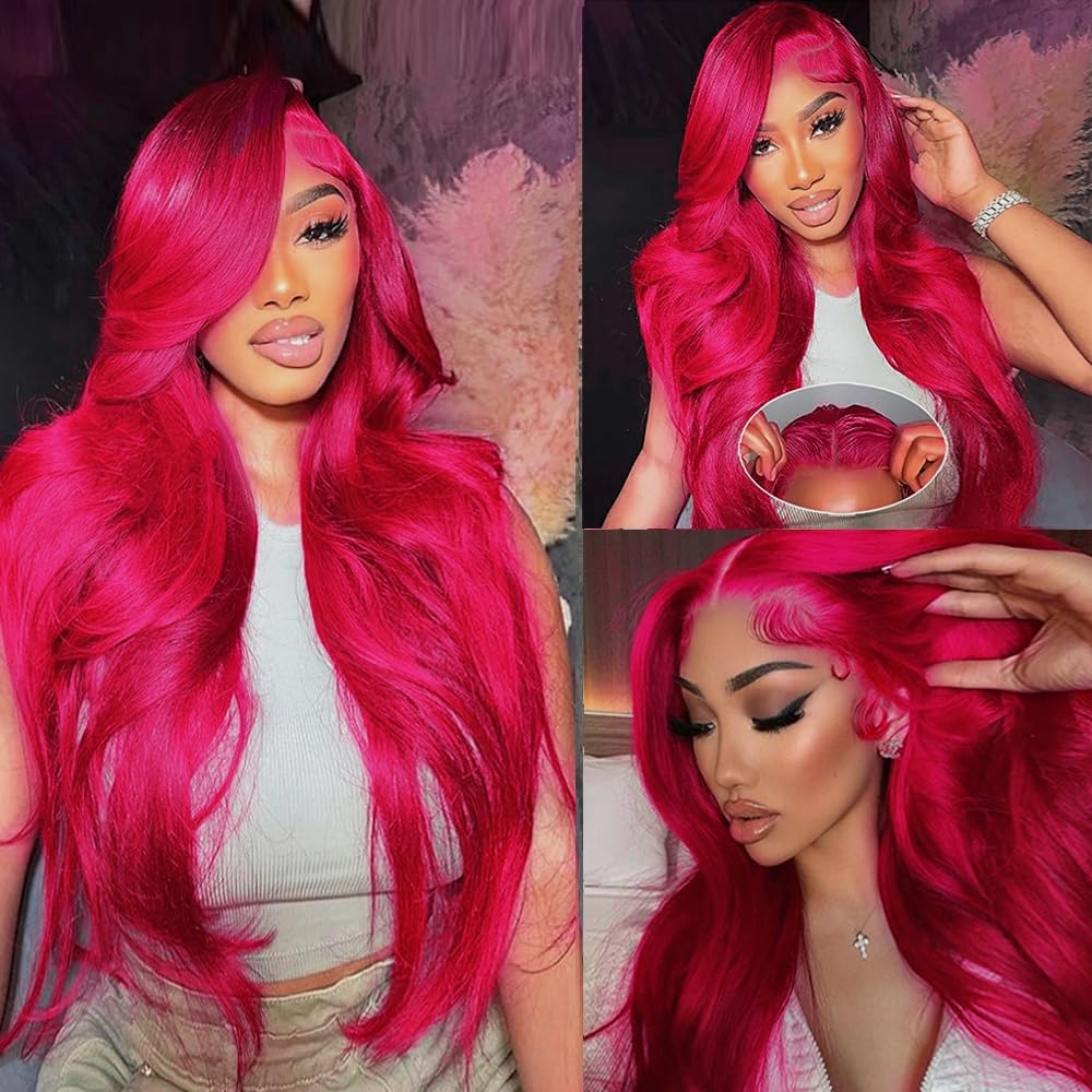 Hot Pink Body Wave Lace Front Wig 24inch - 13x4 HD Transparent Lace Frontal Human Hair Wig with Baby Hair, 180% Density Brazilian Remy Hair for Women - Perfect for Cosplay, Parties, and Daily Styling