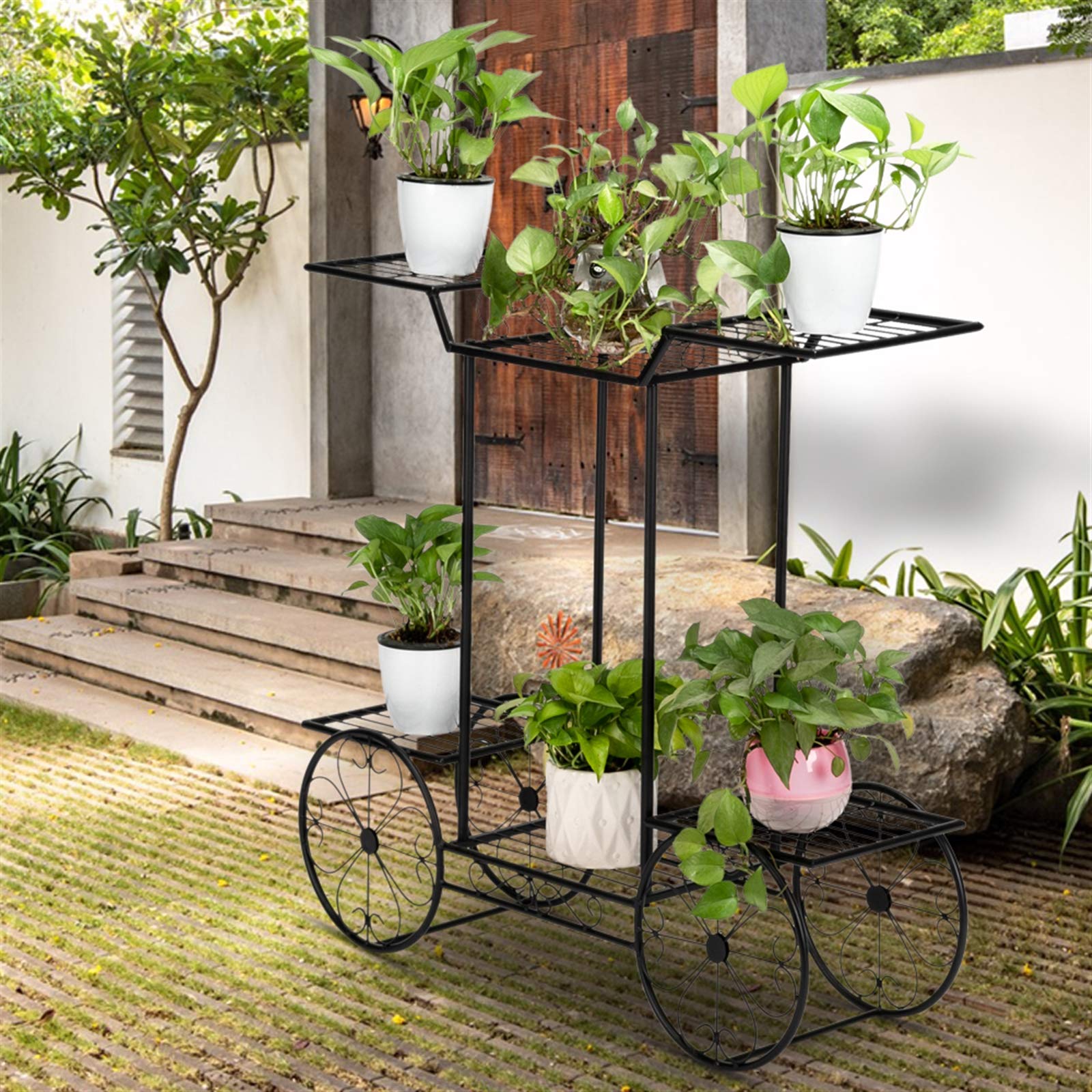 WEI WEI GLOBAL Metal Car-Shaped Flower Pot Stand - 6 Tier Plant Holder Display Shelf for Indoor & Outdoor Plants - Perfect for Home, Garden, Office Decor and Gift Ideas