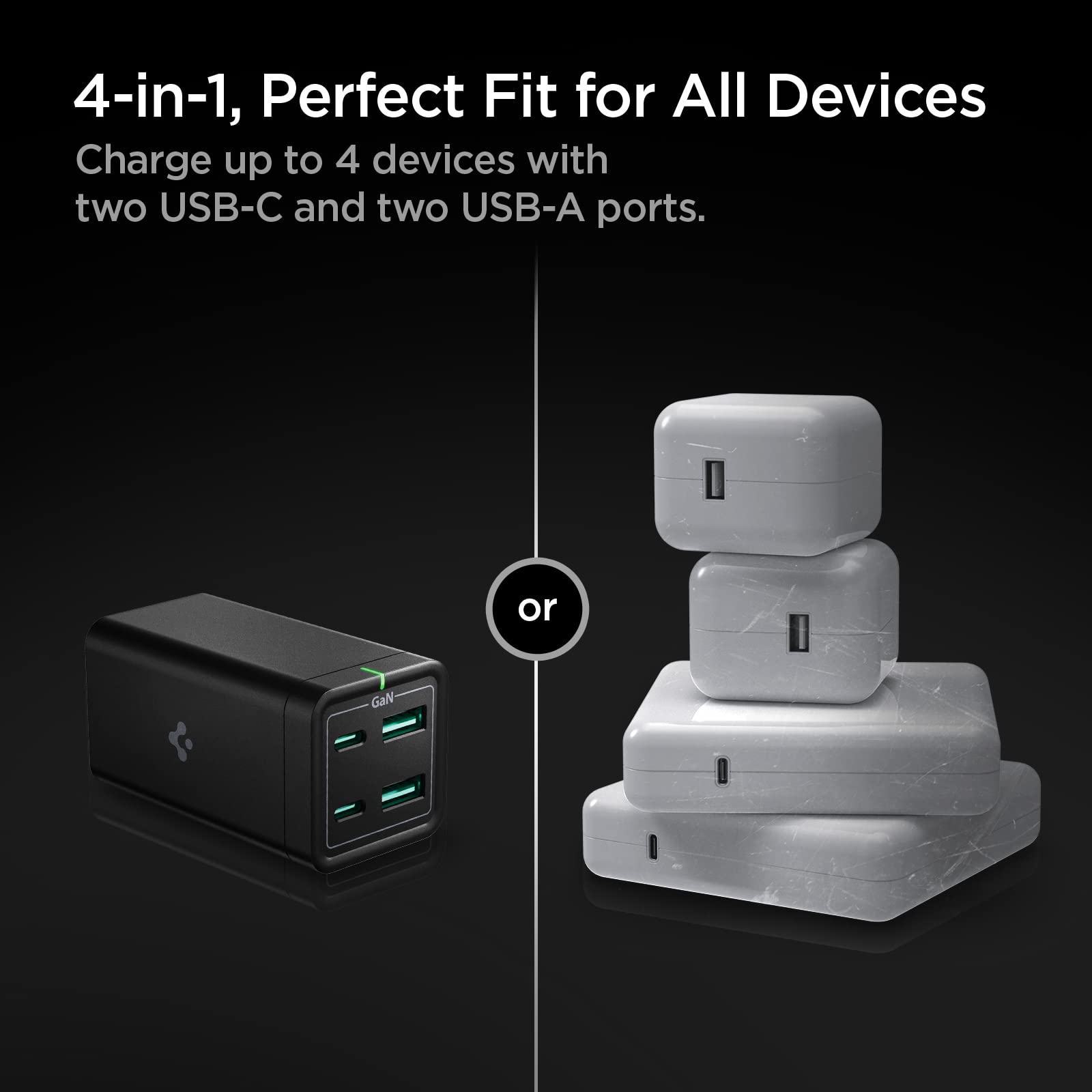 Spigen ArcDock 65W [GaN III] 4-Port USB C Charging Station - Fast PD Charger with USB-C & USB-A Ports - Includes 100W USB 4 Cable for MacBook Pro/Air, iPad, Laptops - Perfect for Home, Office & Travel Charging Needs