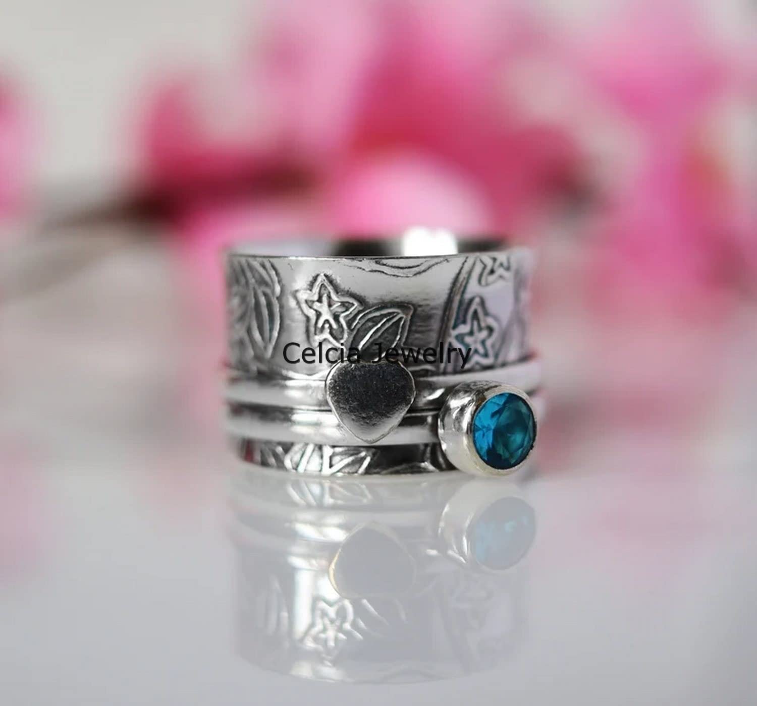 Natural Blue Topaz Heart Spinner Ring for Women & Men - November Birthstone Jewelry, Love & Meditation Spinning Fidget Ring - Size 7 - Perfect for Stress Relief, Birthday Gifts & Everyday Wear