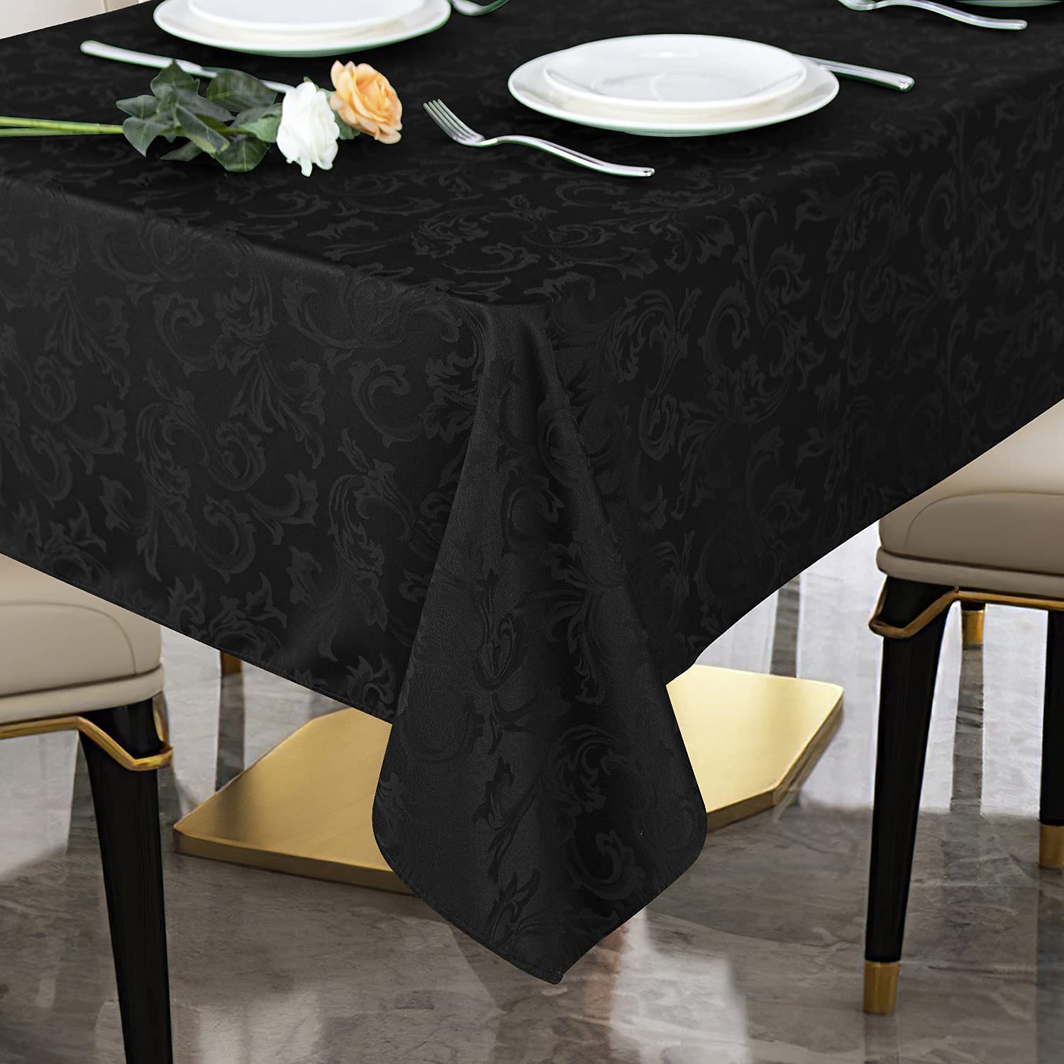 Premium 210GSM Jacquard Tablecloth - Heavy Duty Waterproof Wrinkle-Free Microfiber Fabric Table Cover for Dining, Party, Wedding & Events - Indoor/Outdoor Decorative Tablecloth (Black, 60x120 Inch Rectangle)