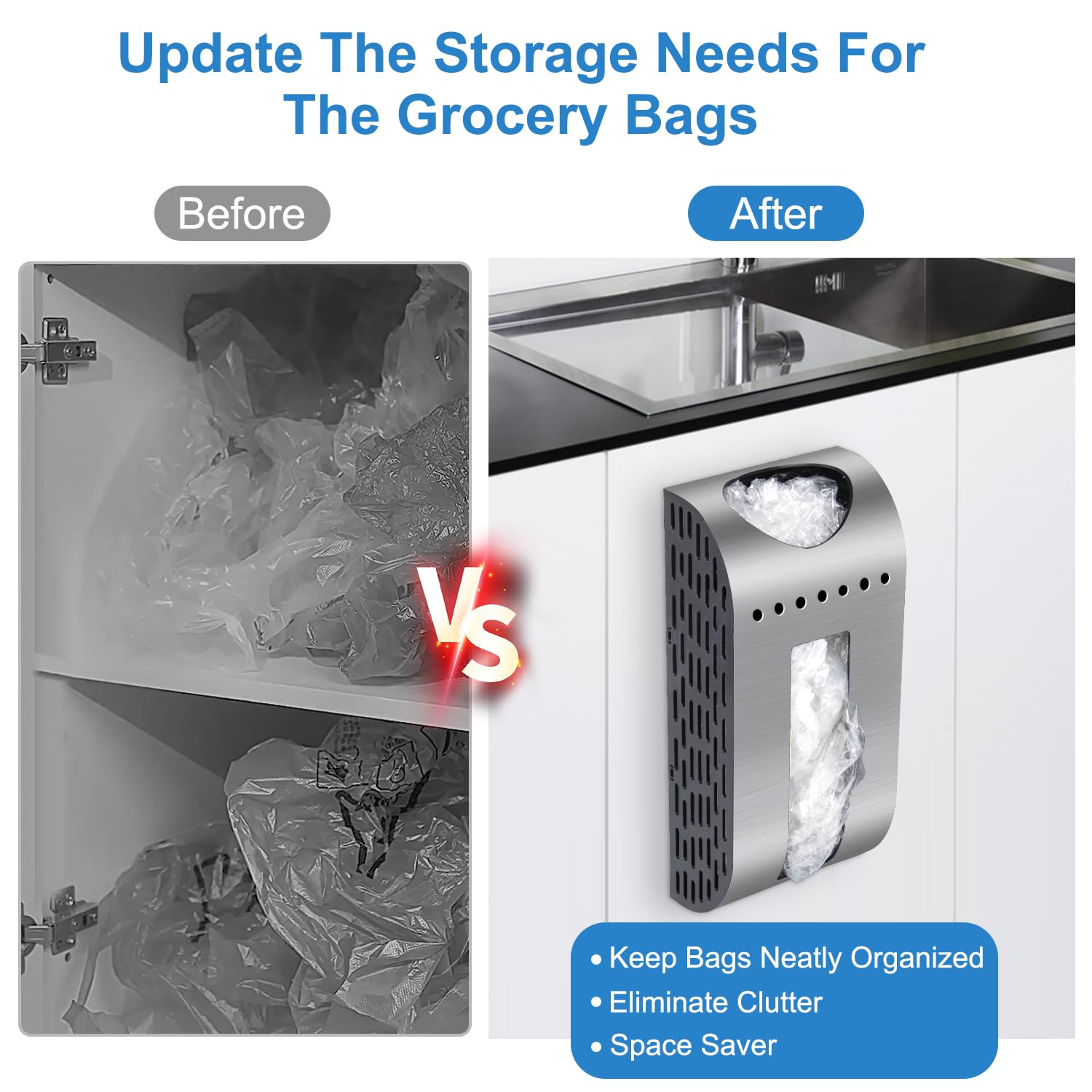 Wall Mount Grocery Bag Holder - Space Saving Plastic Bag Dispenser with Anti-Fingerprint Brushed Silver Finish - Perfect for Kitchen Cabinet, Cupboard & Pantry Organization - Ideal for Storing Shopping Bags, Trash Bags & Recycling Bags