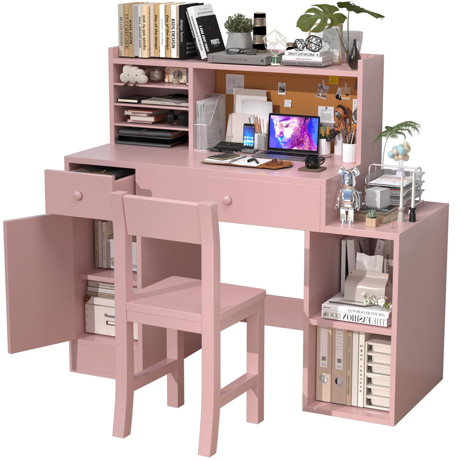 Pink Kids Study Desk and Chair Set for Ages 5-12 - Adjustable Children's Computer Desk with Bulletin Board, Storage Drawers & Cabinets - Perfect for Homework, Online Learning & Arts & Crafts