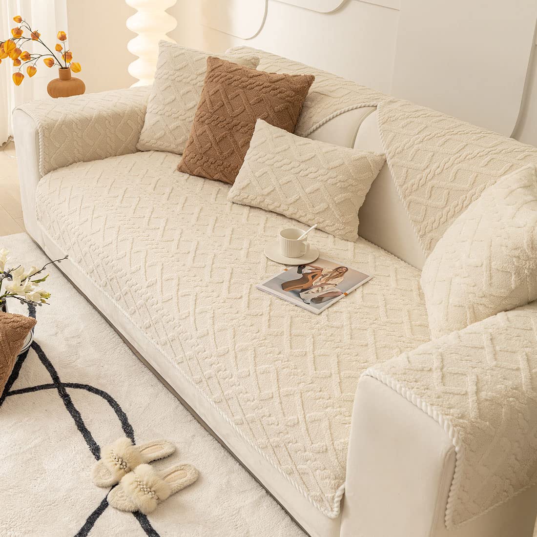 Geometric Jacquard Plush Sofa Cover - Farmhouse Neutral Non-Slip Sectional Couch Protector - Soft Warm Slipcover for Dogs, Kids & Pets - Furniture Protector for Living Room, Bedroom (Cream, 28