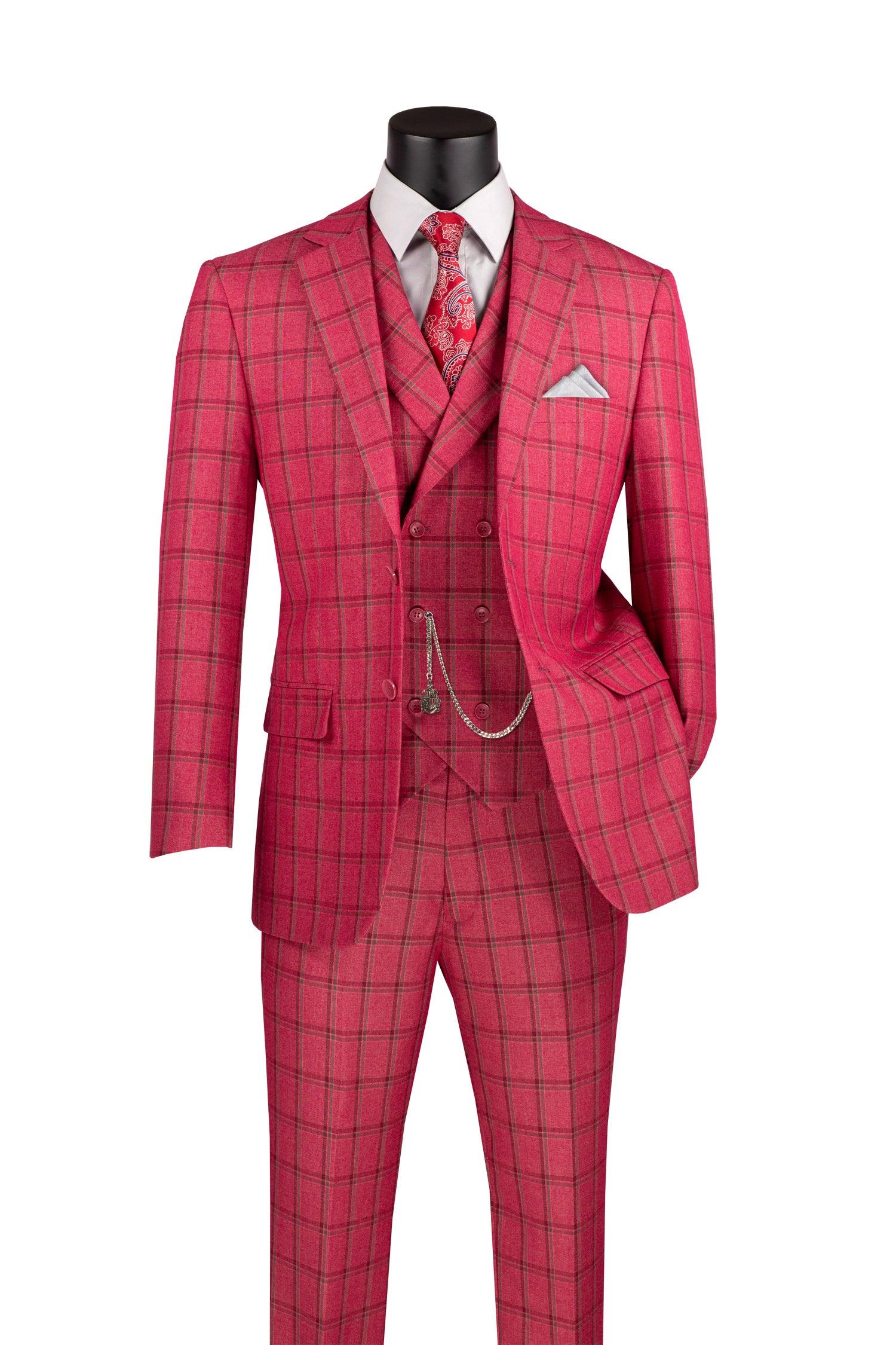 La Scale Collection Men's Windowpane Three Piece Suit in Raspberry - Perfect for Weddings, Business Meetings & Formal Events
