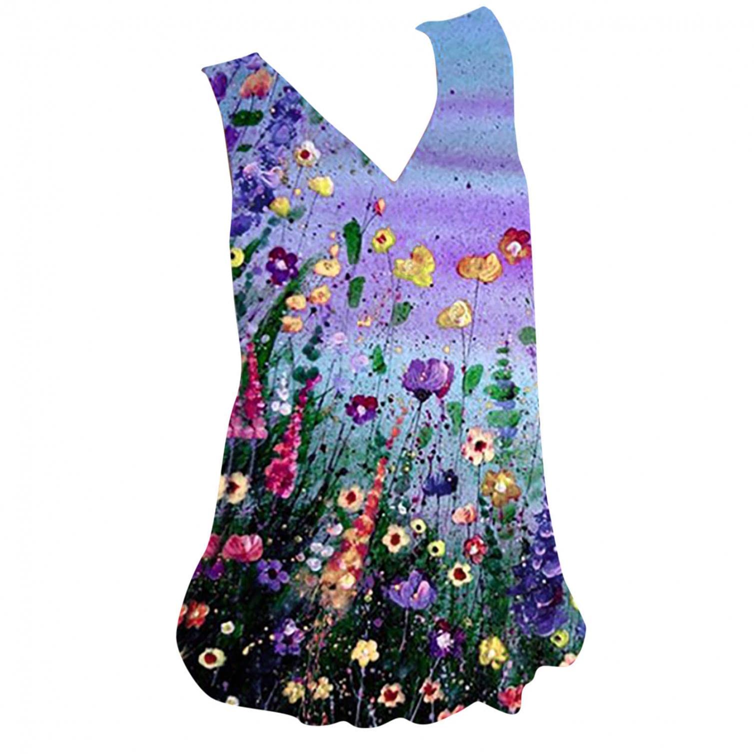 Women's Floral Print V-Neck Tank Tops - Casual Sleeveless Summer Blouses & Loose Tunic Tees for Beach, Vacation and Everyday Wear