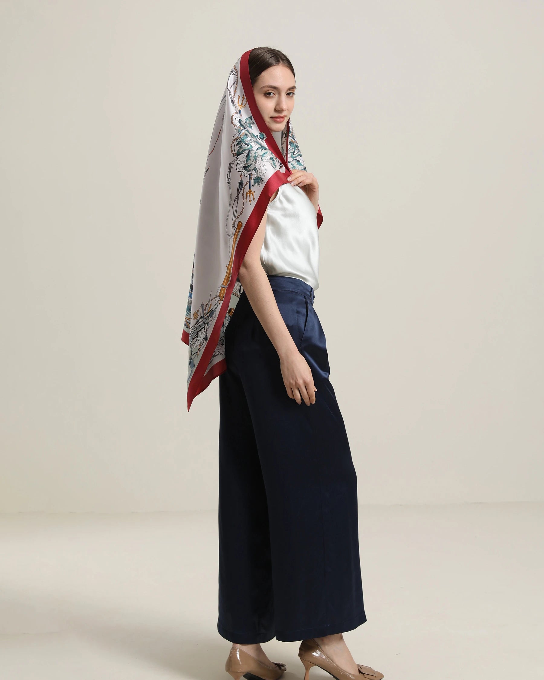 Elegant Silk Scarf with Nautical Boat Design - Perfect for Women's Fashion Accessories, Office Wear and Travel Outfits