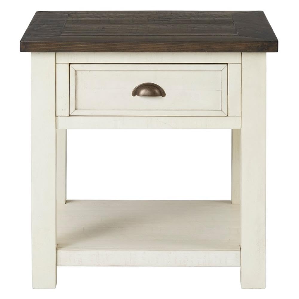 BOWERY HILL Farmhouse Wood 1 Drawer End Table - Cream White & Brown - Rustic Nightstand for Bedroom, Living Room, or Entryway