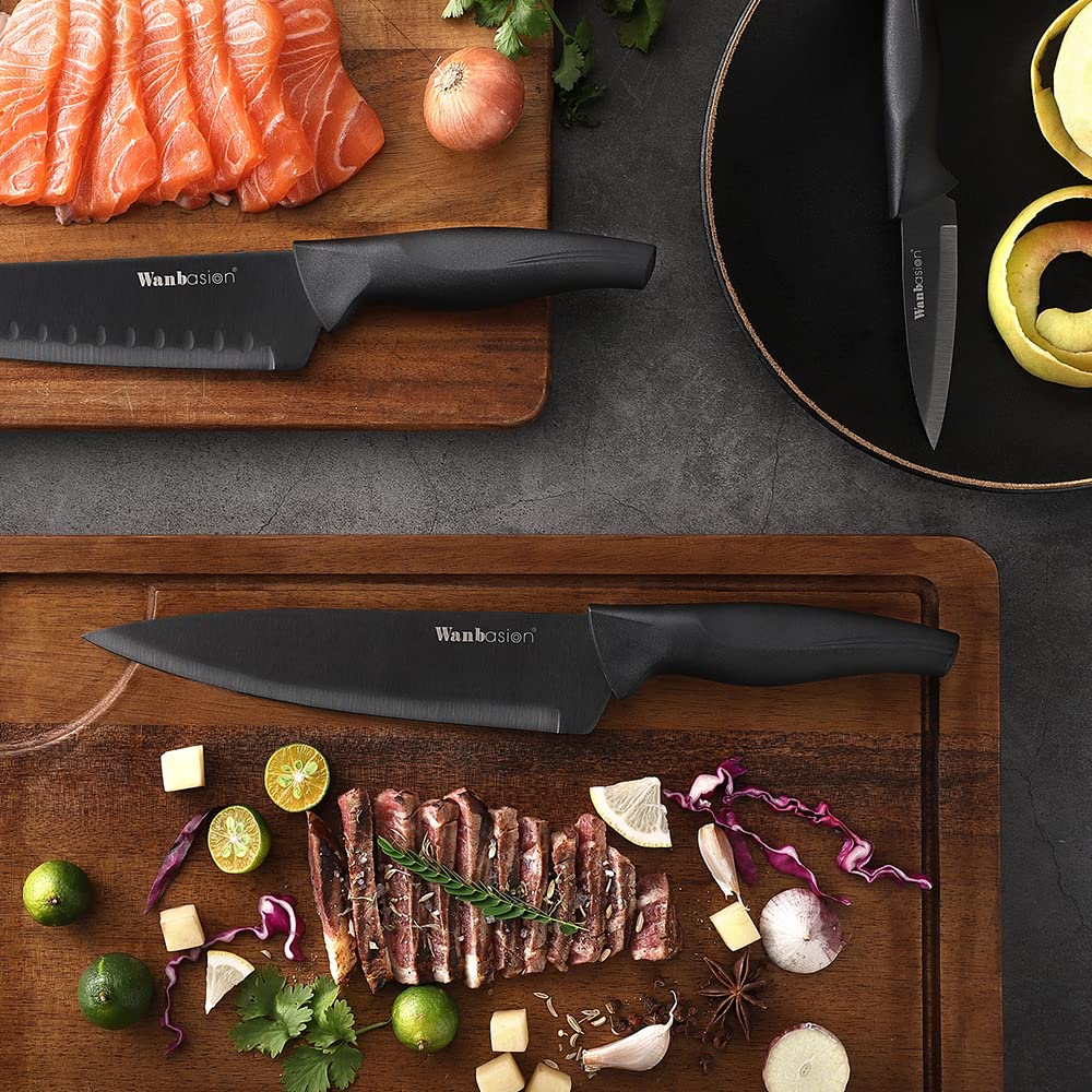 Wanbasion 16-Piece Black Stainless Steel Kitchen Knife Set with Acrylic Block & Sharpener – Professional Chef Knives for Cooking, Slicing, and Food Prep
