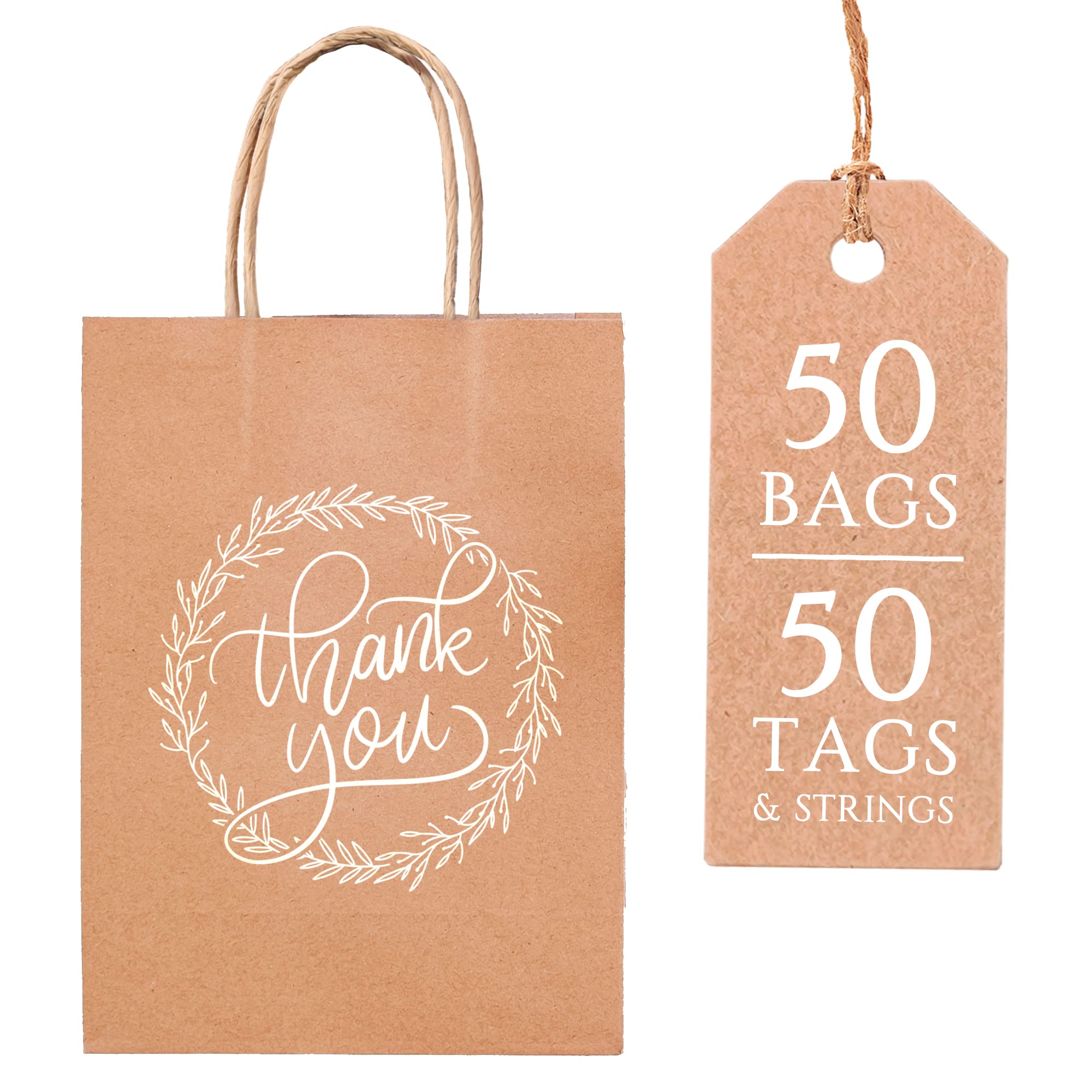 50 Pack Small Thank You Gift Bags with Handles, Gift Tags & Tissue Paper - Elegant Business Thank You Bags for Parties, Weddings, Baby Showers & Corporate Gifts