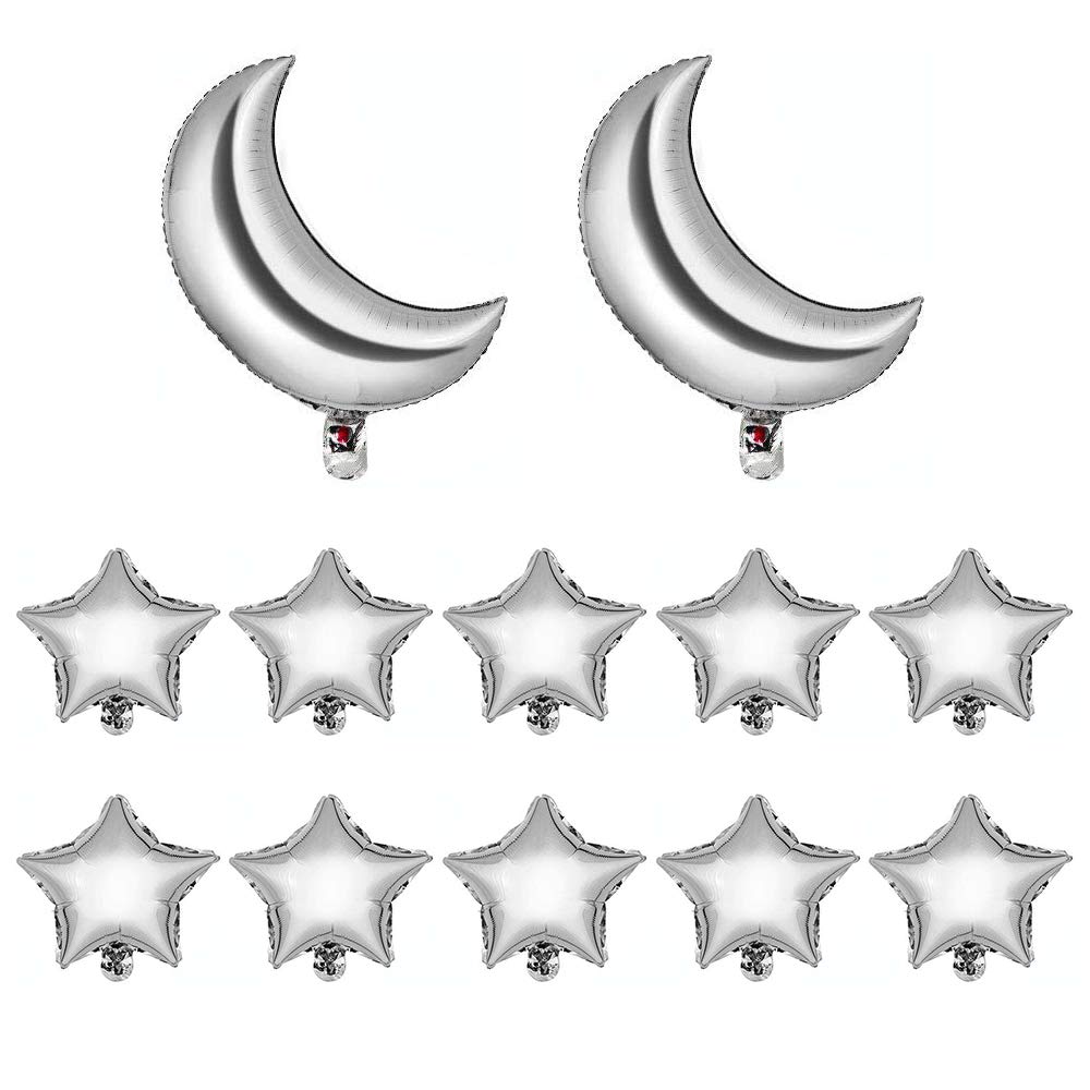 12-Pack Large 36 Inch Moon & 18 Inch Silver Star Foil Balloons - Mylar Party Decorations for Baby Showers, Birthdays, Anniversaries & Weddings - Perfect for Ceiling, Backdrop & Photo Booth Decor