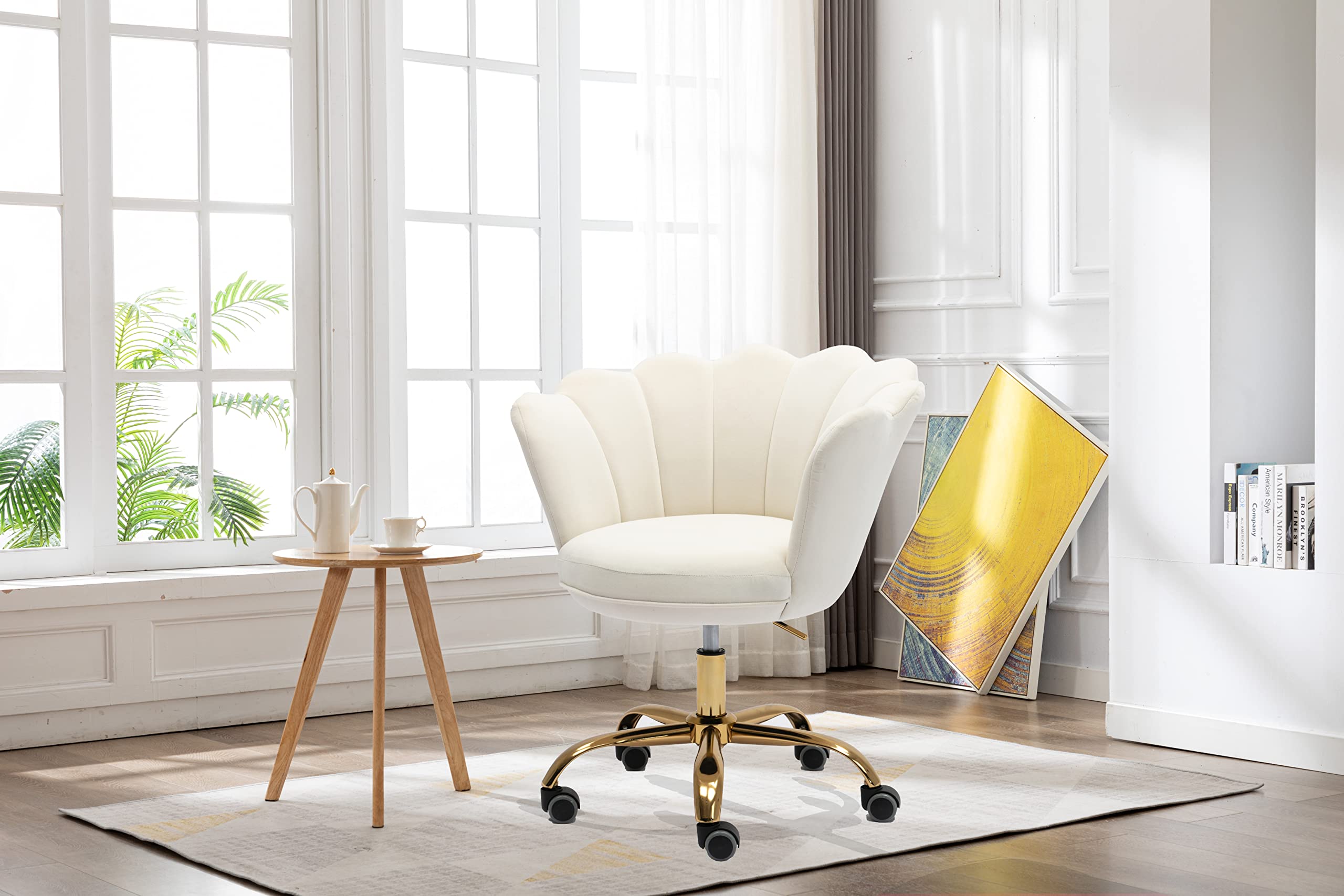 Ergonomic Modern Home Office Chair - Adjustable Swivel Desk Chair with Wheels, Velvet Upholstered Task Chair for Living Room & Bedroom - Perfect for Work, Study, and Makeup Vanity (White)