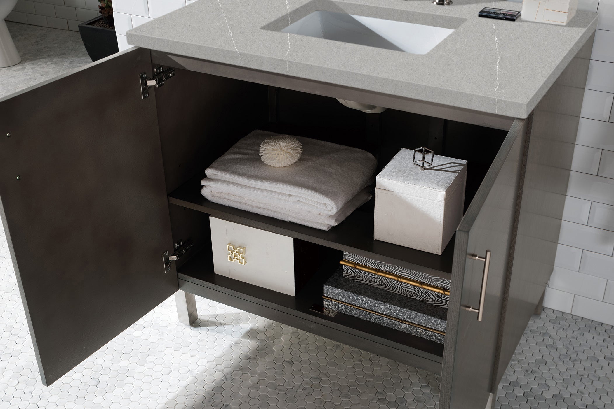 Metropolitan 36 Inch Single Bathroom Vanity in Silver Oak with 3CM Eternal Serena Quartz Countertop - Perfect for Modern Master Bathrooms & Powder Rooms