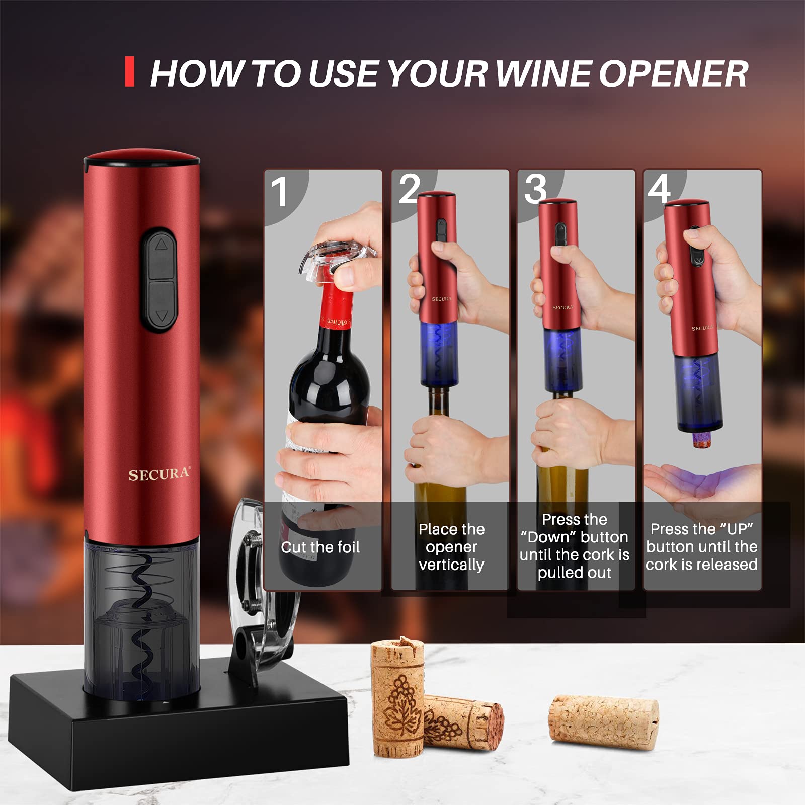 Secura Rechargeable Automatic Electric Wine Bottle Opener with Foil Cutter - Cordless Corkscrew for Red Wine, White Wine & Champagne - Perfect for Home, Parties & Gifts (Red)