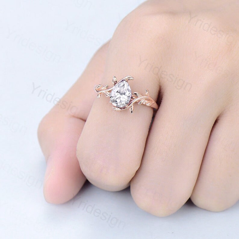 Vintage Twig Moissanite Engagement Ring for Women - Natural Inspired Rose Gold Leaves Branch Ring with Simulated Diamond - Perfect for Bridal, Wedding, Anniversary & Romantic Occasions