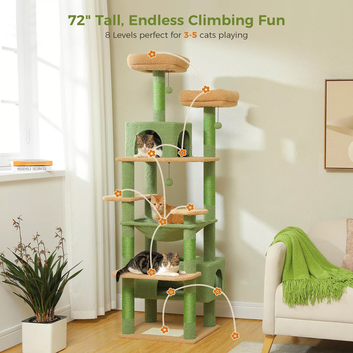 184cm Tall Cat Tree Tower with Scratching Posts, Condo & Cozy Bed - Perfect for Indoor Cats to Play, Climb & Rest