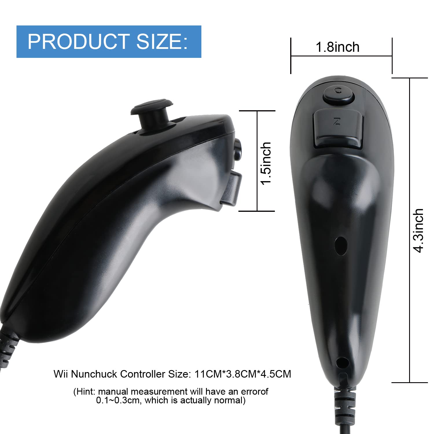 2-Pack Nunchuck Controller Replacement for Nintendo Wii & Wii U - Wireless Gamepad Joystick with Motion Control (Black+White) - Perfect for Wii Sports, Mario Kart & Family Gaming Parties