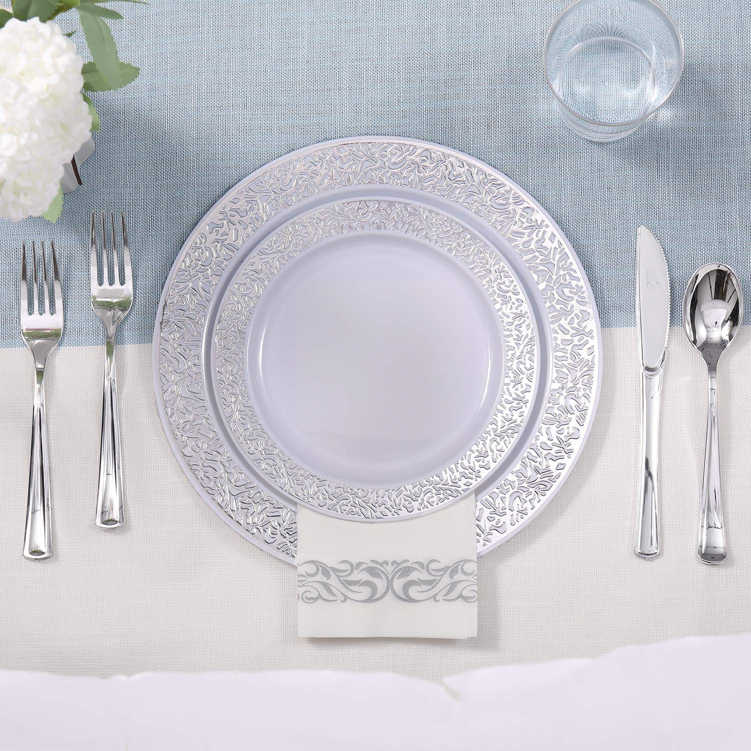 FOCUSLINE 350-Piece Silver Disposable Dinnerware Set for 50 Guests - Heavy Duty Plastic Plates, Cups, Napkins & Silverware - Elegant Silver Lace Design for Weddings, Parties & Events
