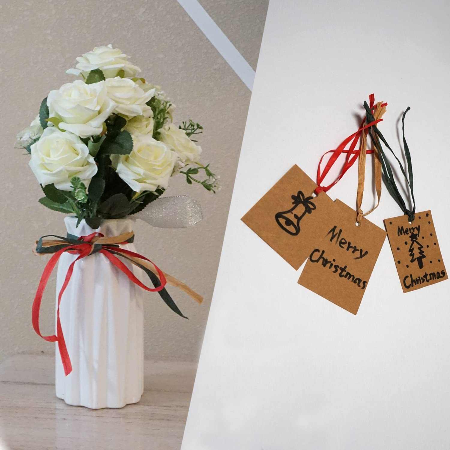 Premium Raffia Ribbon for Gift Wrapping - 3 Rolls Christmas Craft Ribbon, Packing Paper Twine (Red & Green Kraft, 1/4