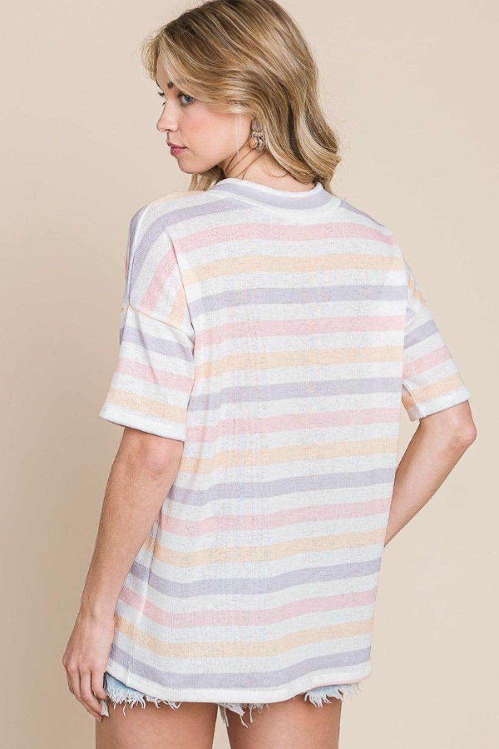 BOMBOM Striped V-Neck Short Sleeve T-Shirt for Women - Casual Summer Tee Top for Outfits, Beach, Travel & Everyday Wear