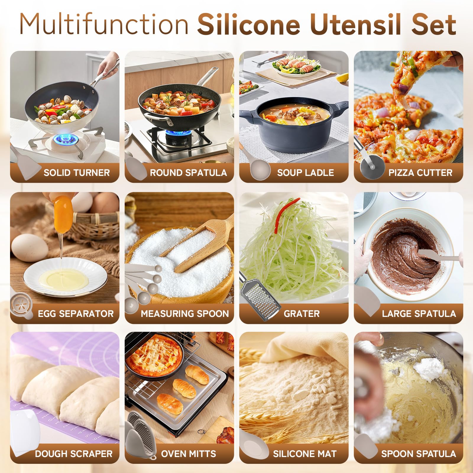 Silicone Kitchen Utensils Set 43 PCS with Wooden Handle, Nonstick Heat Resistant Cookware Gadgets & Holder (Khaki) - Perfect for Baking, Cooking, and Everyday Kitchen Tasks
