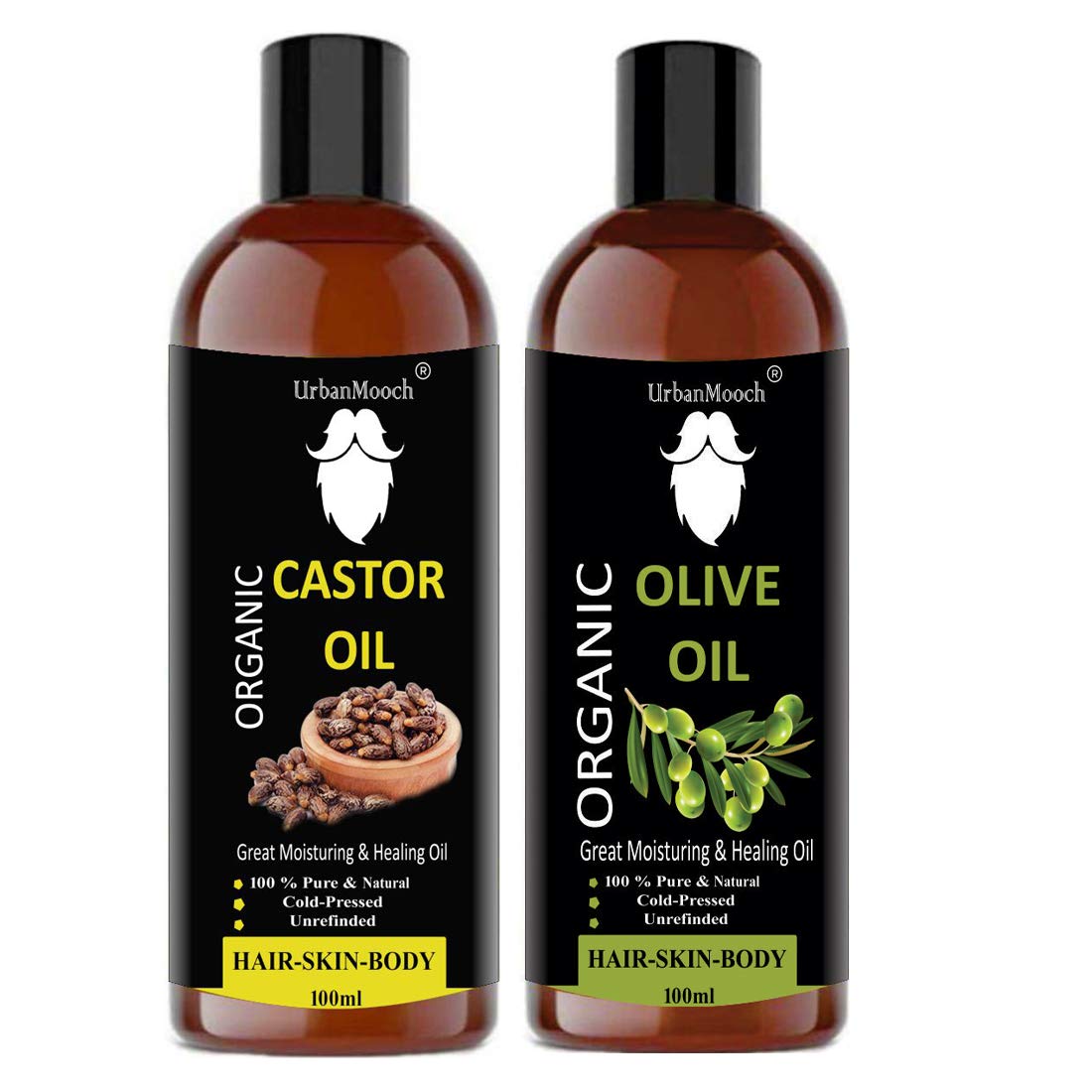 Premium Cold Pressed Castor Oil & Extra Light Olive Oil Combo for Hair Growth, Skin Care & Eyelashes - 100ml Each | Natural Moisturizer for Dry Scalp, Beard & Face | Organic Hair & Skin Treatment
