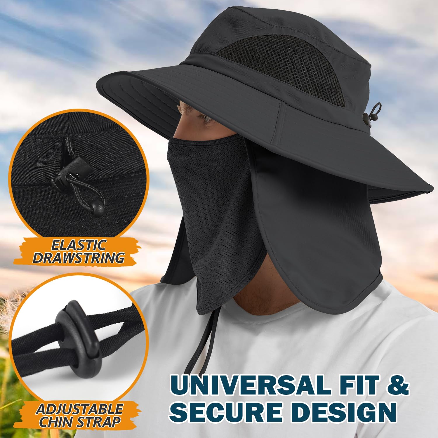 UPF 50+ Unisex Sun Hat with Neck Flap - Waterproof Packable for Outdoor Activities