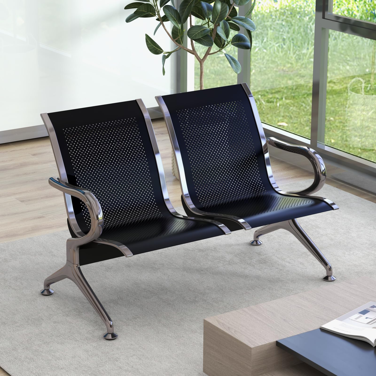 Kinsuite 2-Seat Airport Reception Bench with Arms - Modern Waiting Room Chairs for Office, Bank, Hospital - Durable Guest Chairs for Reception Areas & Lobbies (Black) - Perfect for High-Traffic Commercial Spaces