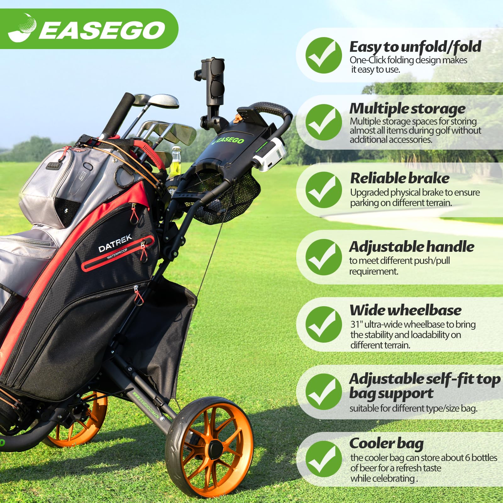**3 Wheel Golf Push Cart - Foldable Golf Bag Caddy with Phone Holder, Cup Holder & Umbrella Holder | Compact & Quick Fold Design | Large Wheelbase for All Terrains | Perfect for Golfers, Seniors & Beginners**    *(Use Case: Ideal for golf courses, practice ranges, or casual strolls – lightweight, portable, and easy to store!)*