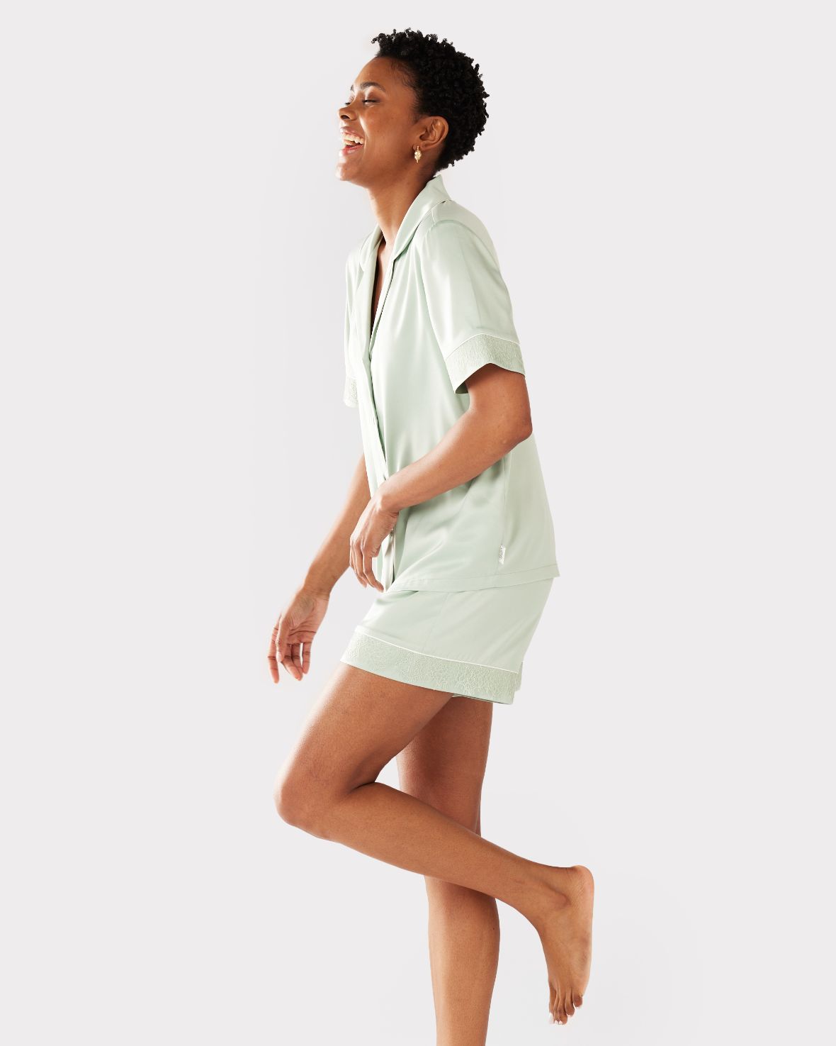 Satin Lace Trim Short Pajama Set for Women - Comfortable Sleepwear Lounge Set in Sage Green - Perfect for Nightwear, Relaxing at Home & Gift Giving