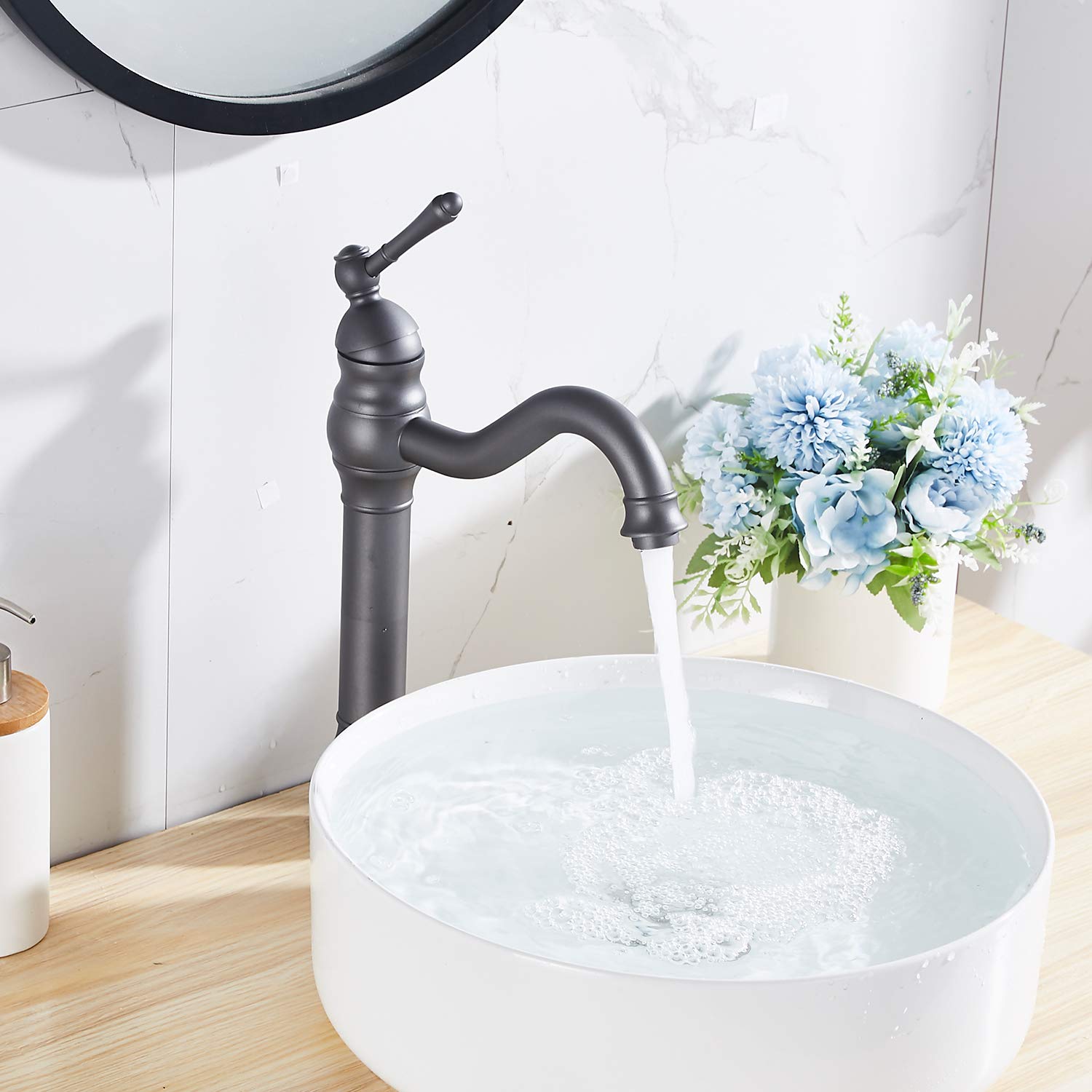 GGStudy 360° Swivel Single-Handle Bathroom Faucet - One Hole Vessel Sink Faucet with Pop Up Drain, Grey Farmhouse Vanity Faucet for Bathroom Sink, Perfect for Modern Farmhouse & Rustic Bathroom Decor