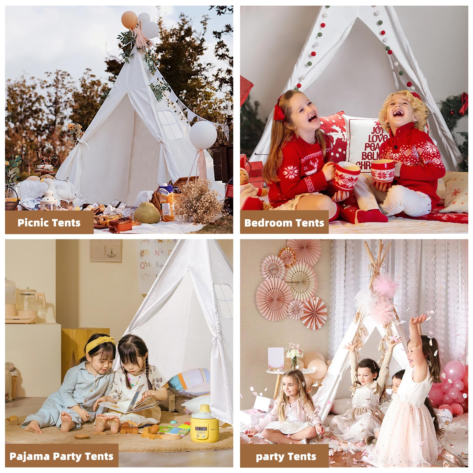 Wholelovein 6-Piece Kids Teepee Play Tent - Foldable & Washable Boho Playhouse for Girls & Boys - Perfect for Indoor Play, Sleepovers, Birthday Parties & Nursery Decor (White)