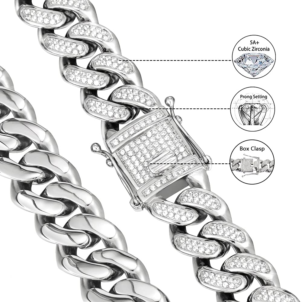 20mm Iced Out Cuban Link Chain - Stainless Steel Hip Hop Jewelry with 5A+ Cubic Zirconia VVS Prong Setting | Diamond-Like Necklace & Bracelet for Men & Women | Perfect Birthday Gift for Rappers & Fashion Lovers (Night Out, Concert, Special Occasion)