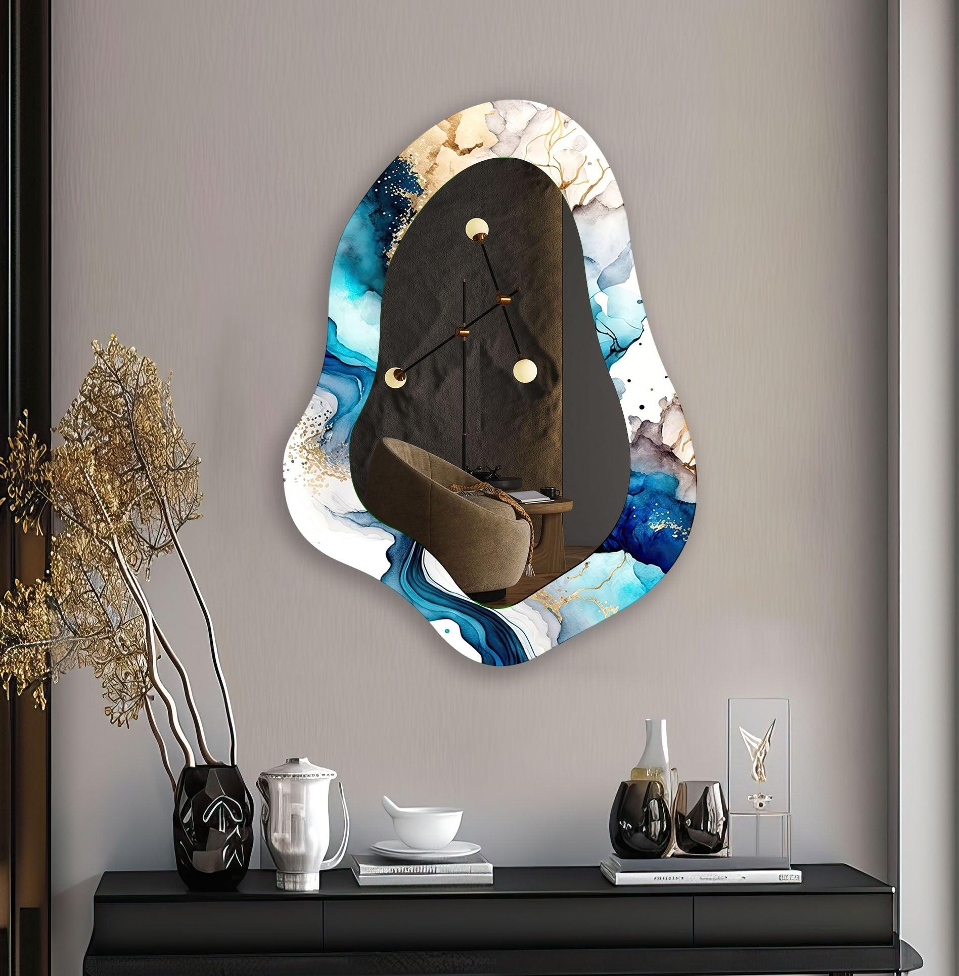 Blue Alcohol Ink Abstract Wall Mirror - Handmade Modern Home Decor for Living Room, Bedroom, or Bathroom